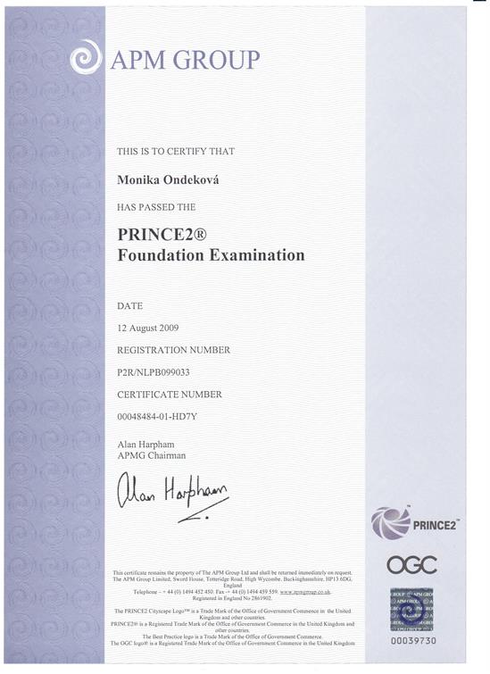 certifikát PRINCE2 Foundation Monika Ondeková
